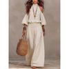 Women 2‑Piece Outfit Halter Cold‑Shoulder Puff Sleeve Top Elastic Waist Wide‑Leg Pants Bohemian Casual Set