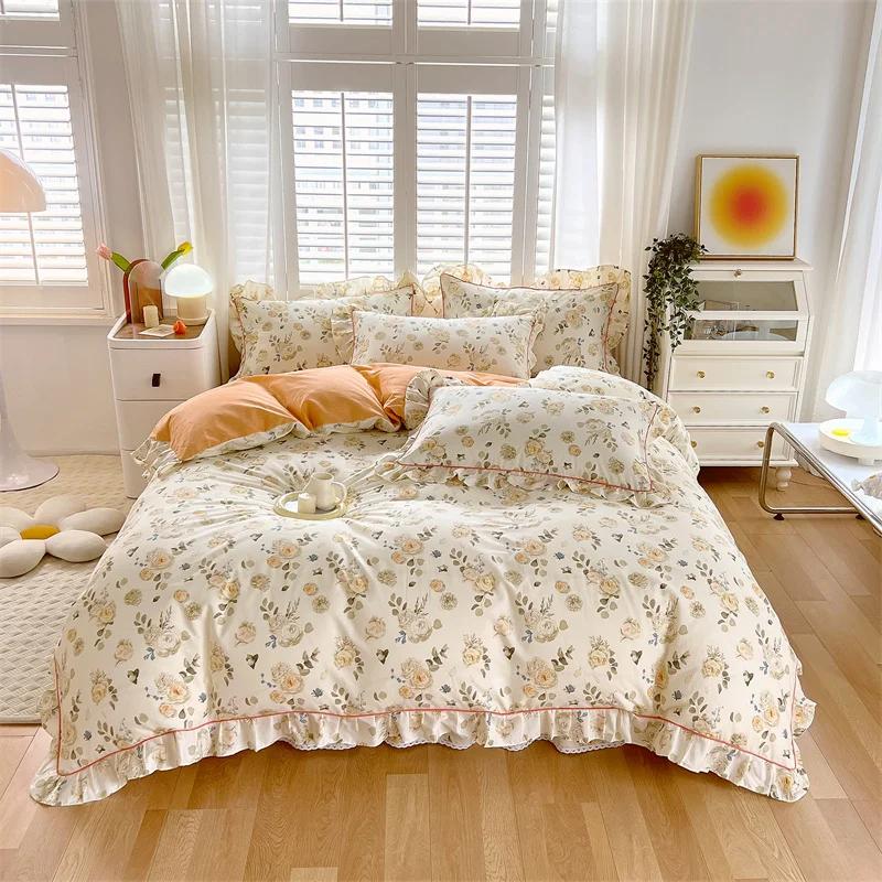 Princess Style Ruffles 100% Cotton Quilt Cover Set or Single Quilt Covers Floral Soft Duvet Cover Cotton Cute Comforter Covers
