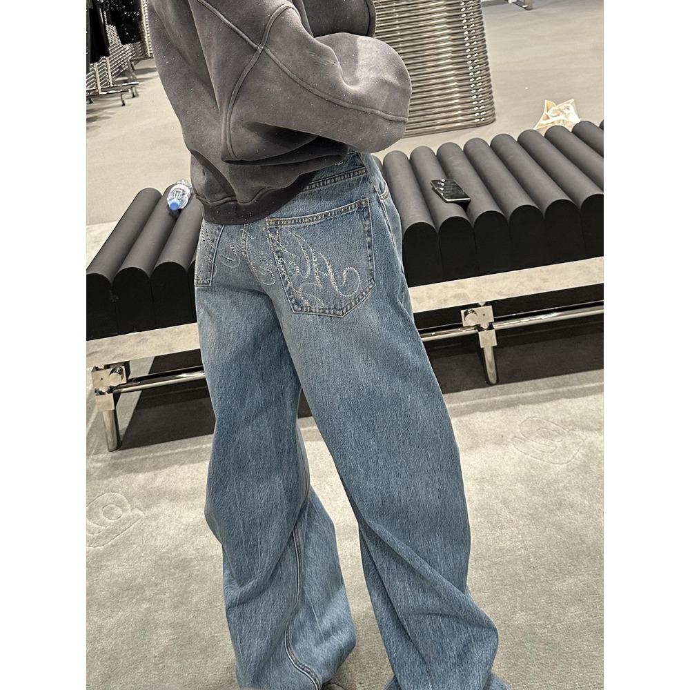 ZYLLO Letter Hot Diamonds High Waited Jeans Woman Street Fashion Baggy Jeans Women Clothing Casual Versatile Pants Women