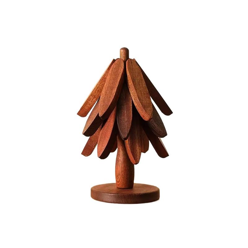 

3 Wooden Trivets + Stand Non-Slip Folding Heat Insulation Pads Black Walnut Tree Shape Set for Hot Pots/Pans Dishes 21.5x9.5cm