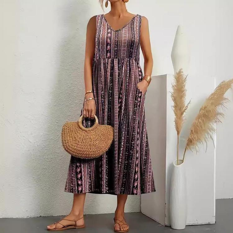 Elegante Vestito Estivo Vintage da Donna Comodo Ampio Lungo con Tasca Harajuku Scollo a O Manica Corta Monocolore