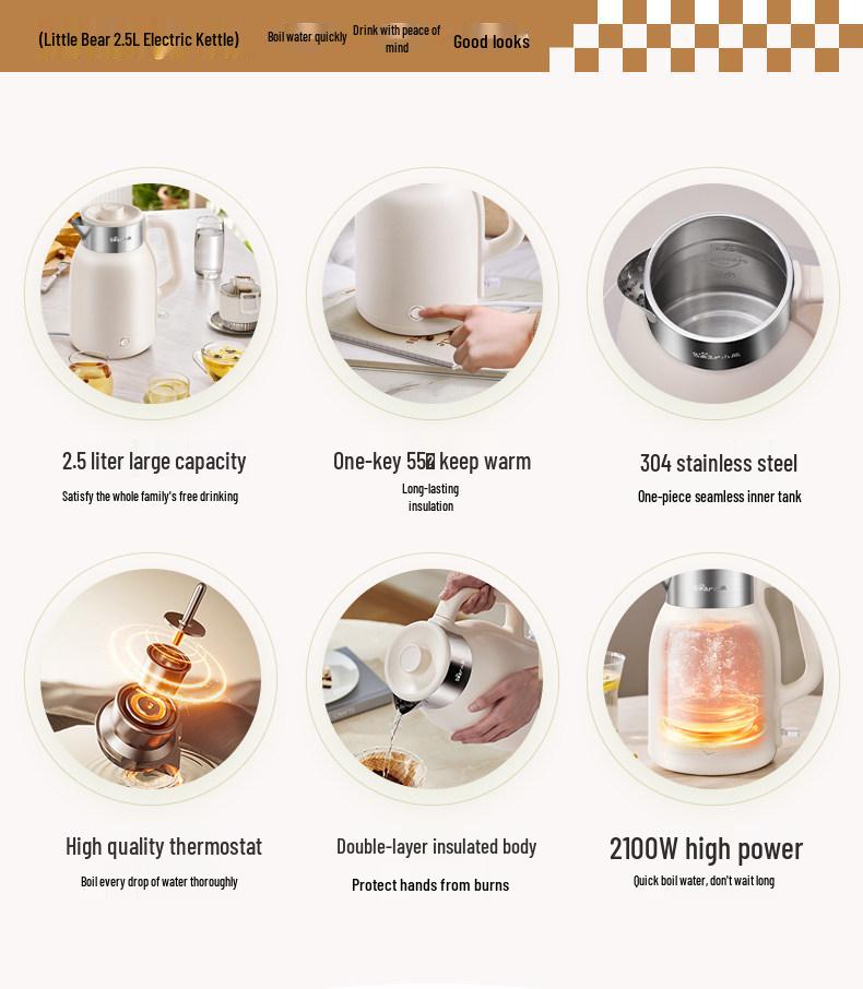 Little Bear ZDH-H25S1 Electric Kettle with 304 Seamless Inner Liner & Double Layer Anti-Scald Design