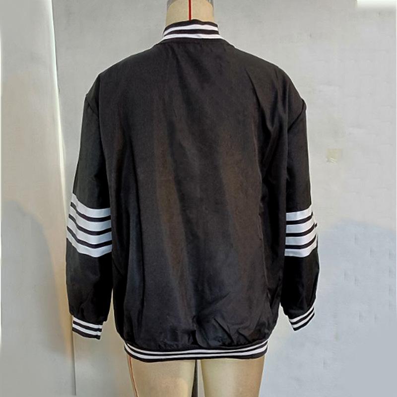 Autumn Women's Solid Colour Stripe Splicing Stand Collar Long Sleeve Loose Jacket