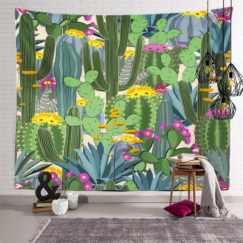 Nordic Home Fabric Plant Tapestry Wall Hanging Retro Tropical Plant Cactus Wall Hanging Art Painting Background Decoration