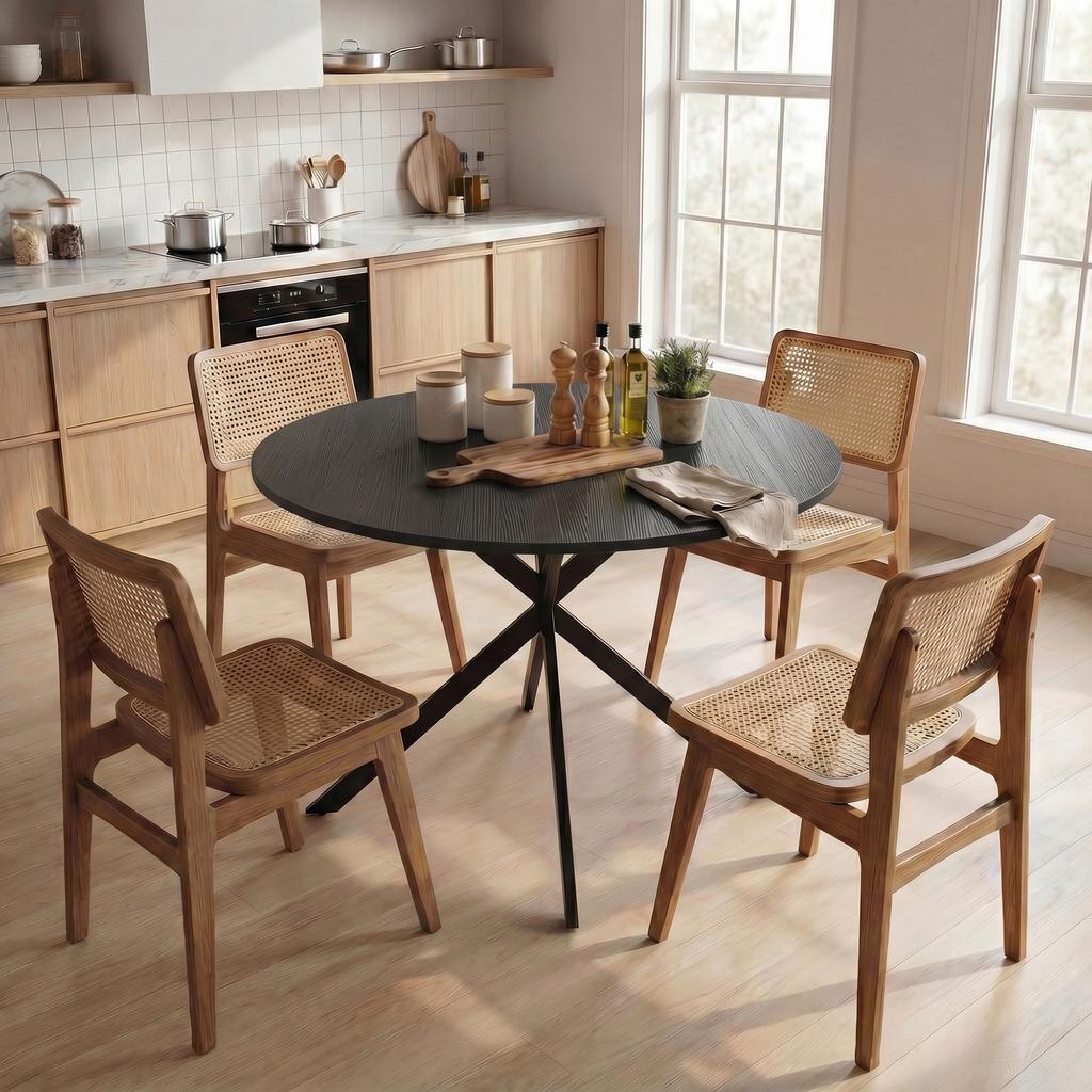 Round Dining Table for 4 People, Industrial-Style Kitchen Table with Steel Legs, for Dining Room, Kitchen, Black