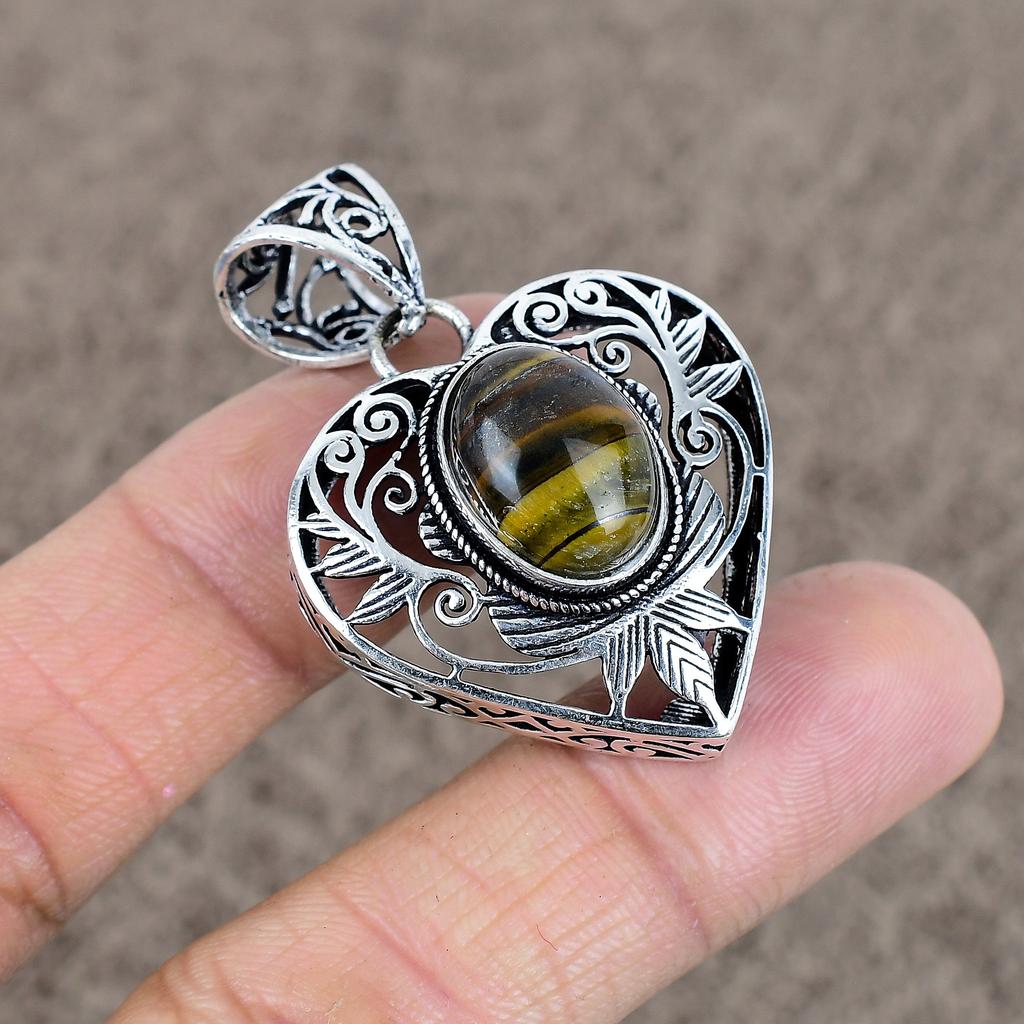 Tiger Eye Gemstone Handmade 925 Sterling Silver Jewelry Pendant 1.77" KKG-24