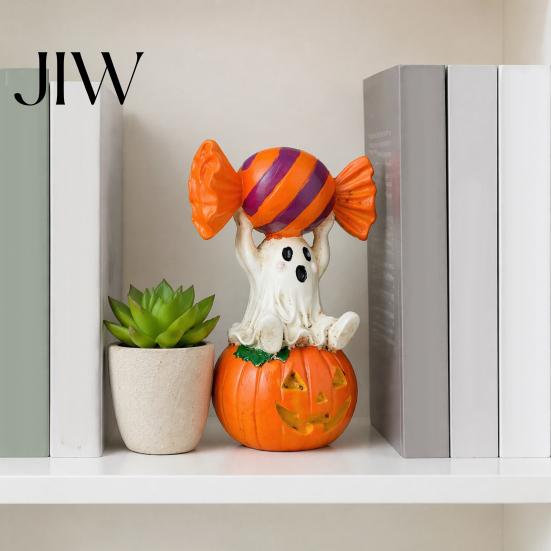 Halloween Ghost Figurine Figurine, Cute Sitting on Pumpkin Holding Candy Waterproof Sculpture Craft Statue, Spooky Resin Table Ornament for