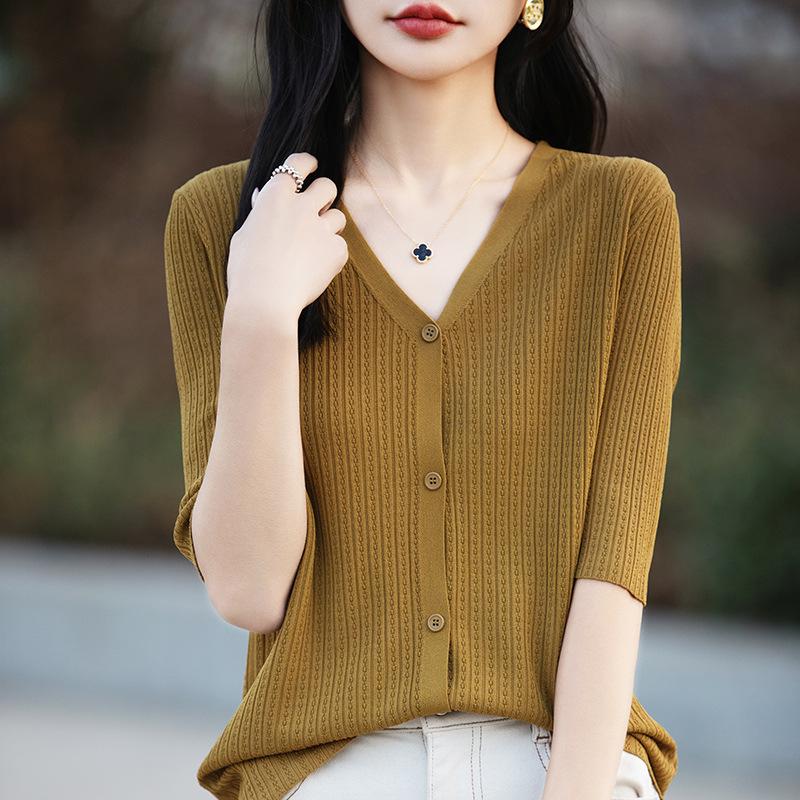 Women's 5/ Sleeve Cardigan V Neck Elegant Twist Knit Top