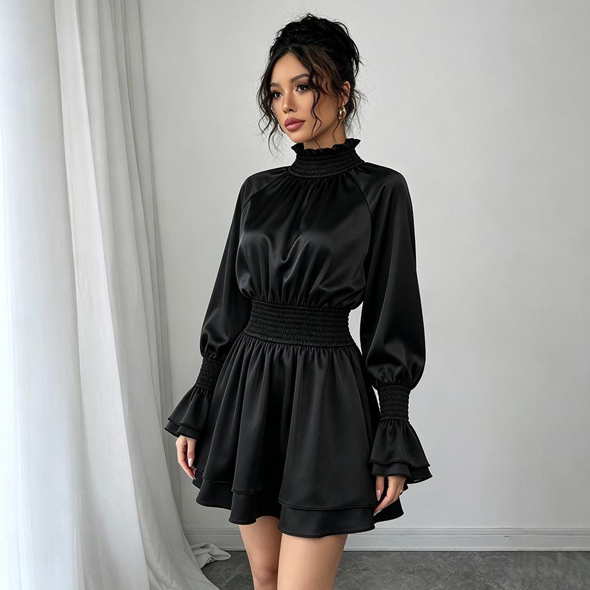 French Elegant Satin Dress 1116 Autumn Black High Neck Long Sleeve European and American Temperament A Word Short Skirt Women's Clothing