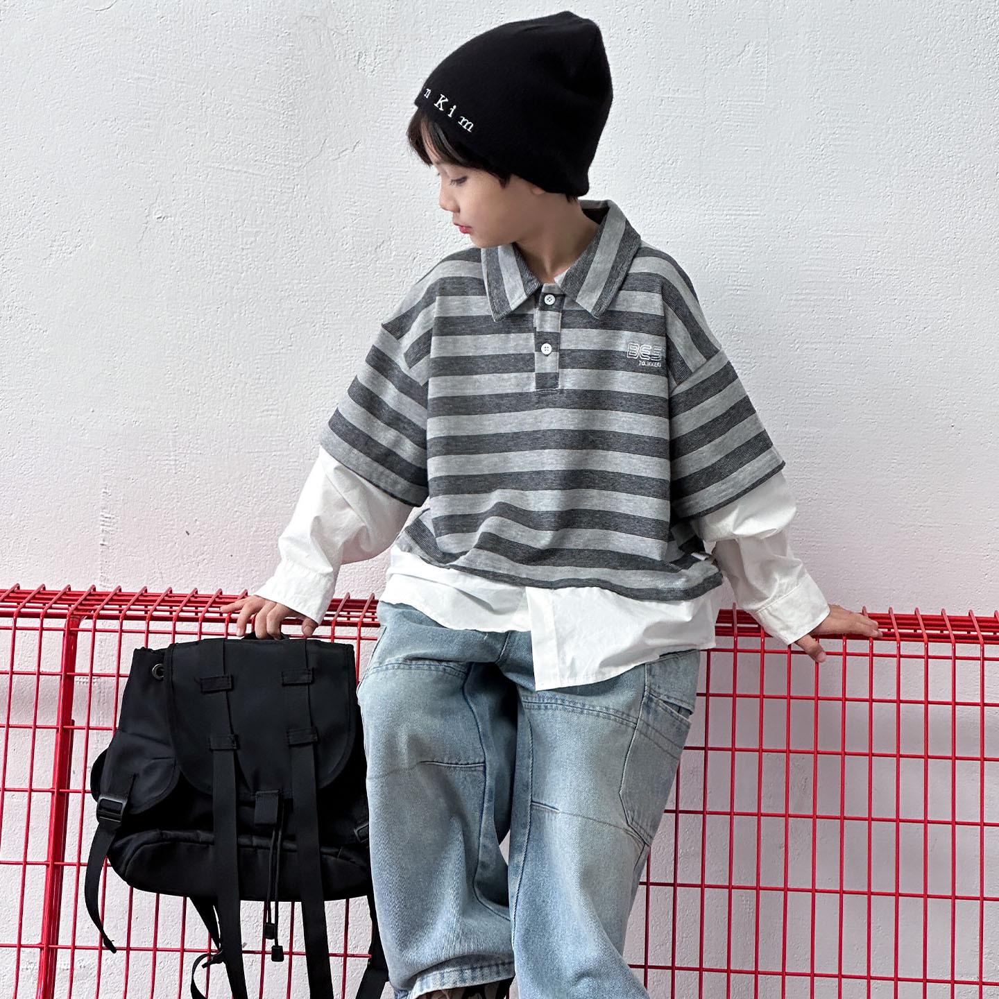 

Детский осенний свитшот 2025: Поло с длинным рукавом, имитация двух предметов, с отложным воротником 100 cm