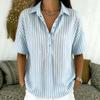 Women's Collared Short Sleeve Striped Blouse Loose Fit Casual Half Button Tunic Top