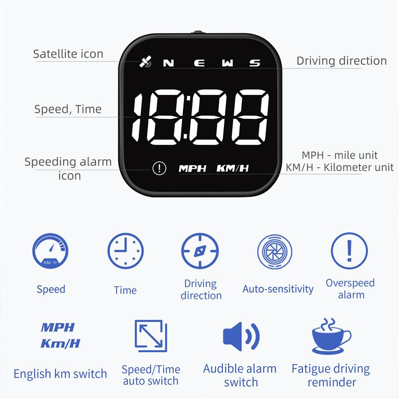 Car Head Up Display Hud Digital Gps Speedometer Mph Overspeed Alarm Multifunctional Speedometer Compass Hd Led Display
