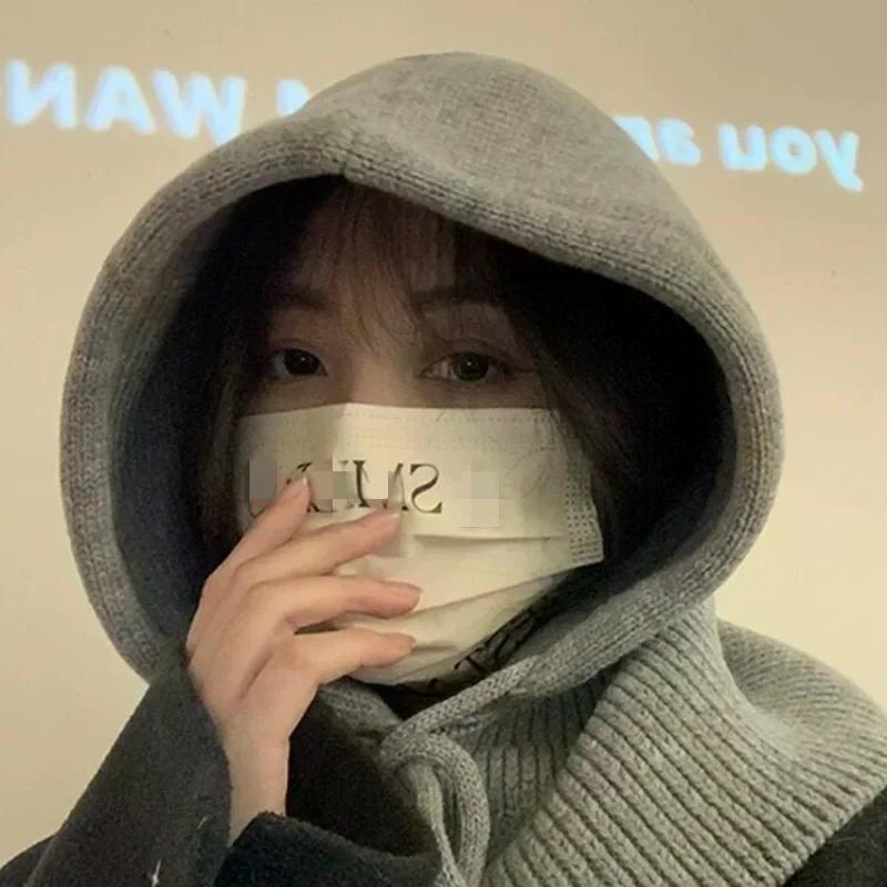 Korea Winter Hats and Scarf Set with Botton Scarf Balaclava Hat Warm Neck Set Women Knitted Wool Pullover Hat Gothic Y2k