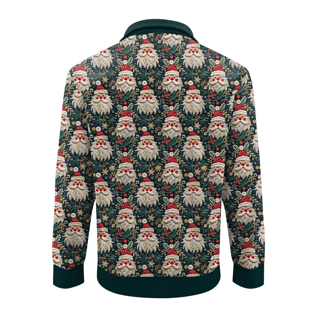 Men's Christmas Cotton Pullover Long Sleeve Outdoor Shirt Vintage Corduroy Button Stand Collar Shirt Casual Sweatshirt Christmas Print Top