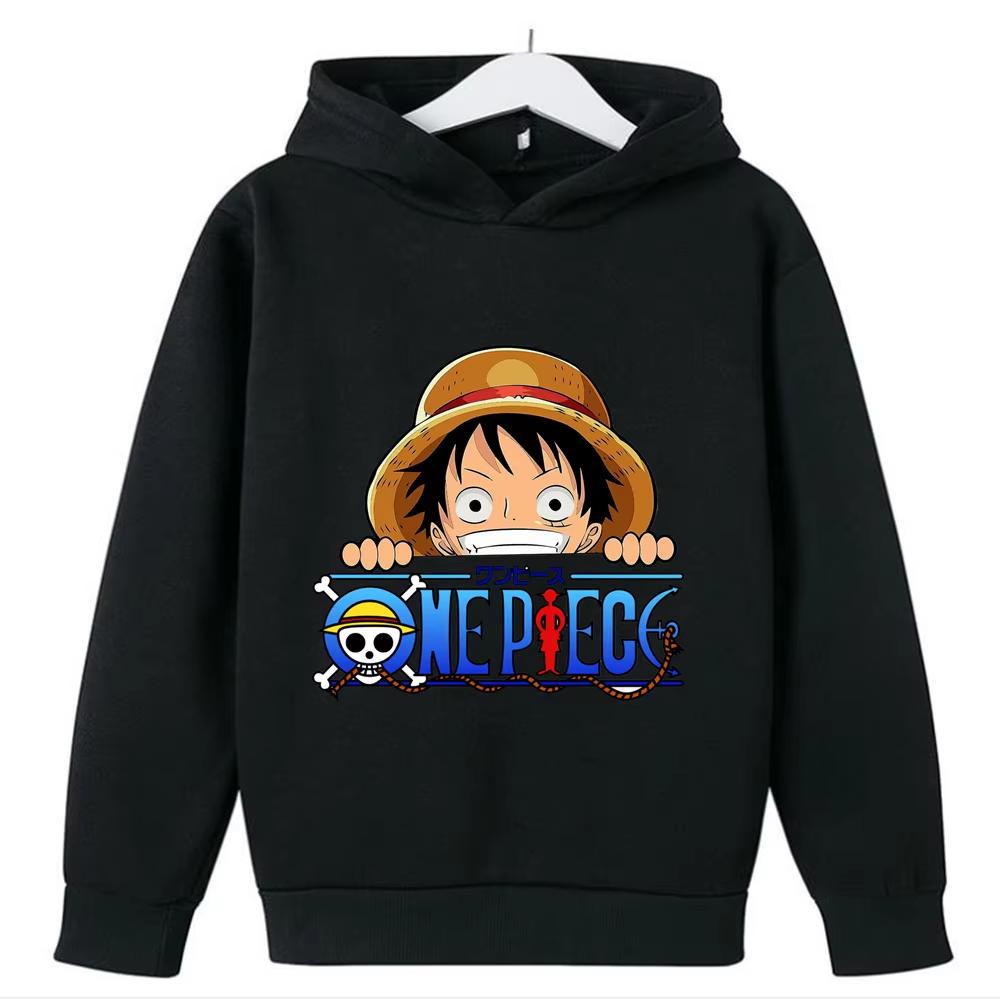 Anime One Piece Luffy Skull Logo Print Hoodie Kids Pullover Hooded Sweatshirt Autumn Streetwear Children Tops
