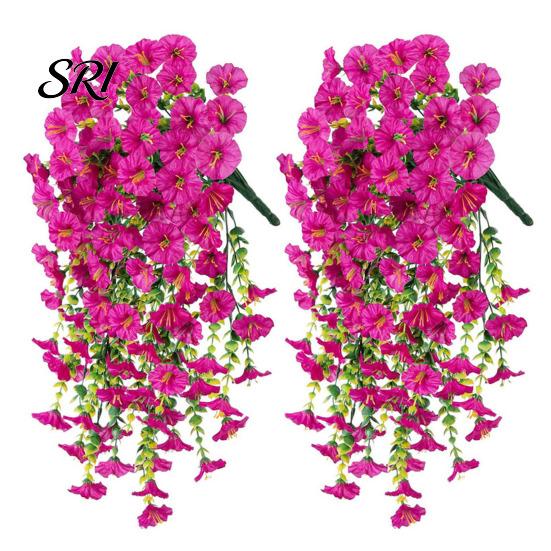 Water-free Flower Decor Artificial Flowers for Outdoor, Fake Hanging Morning Glory with Eucalyptus Leaves, UV No Maintenance Resistant Faux