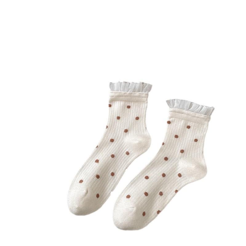 24 Autumn And Winter Mesh Lace Socks Children'S Japanese Retro Polka Dot Fashion Medium Tube Women'S Socks Short Women'S Socks