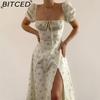 BITCED Women's Dress: Elegant Floral Print Split-Hem Fashionable Resort Strapless Dress