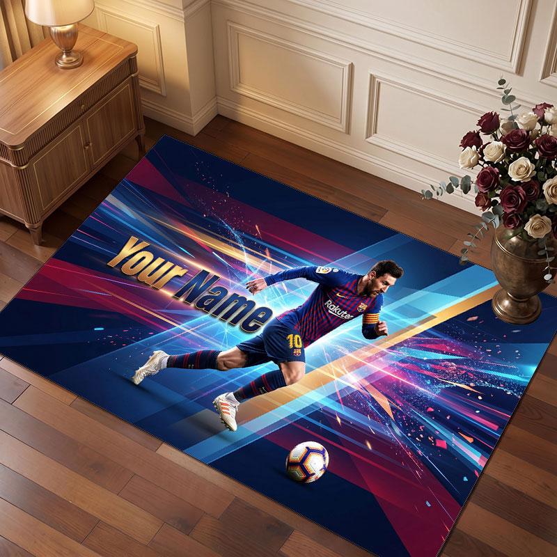 Tappeto Personalizzato in Velluto di Cristallo Lionel Messi, Stampa Testo Nome Personalizzato, Logo Calcio Morbido Antiscivolo Tappetino per Pavimento Decorazione Casa Regalo