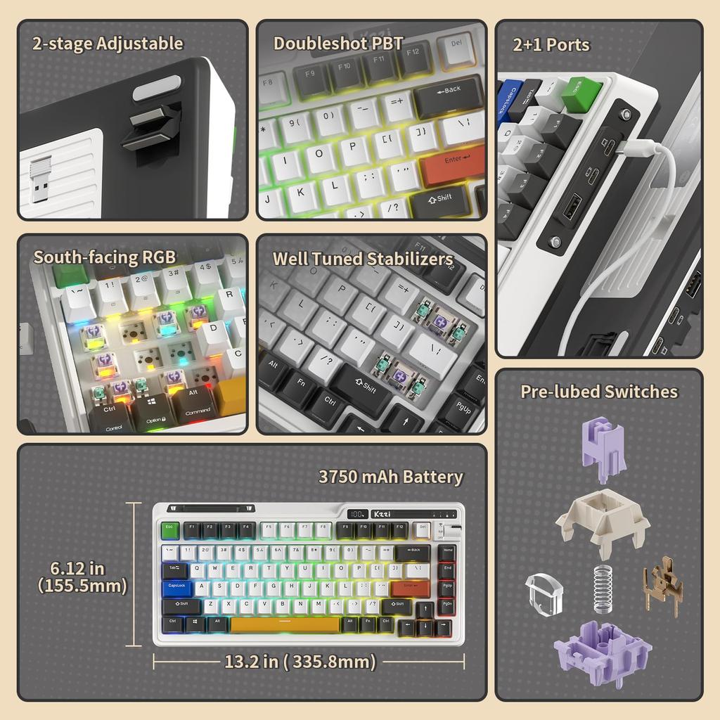 KZZI K75 PRO RGB Wireless Gasket Mechanical Triple Mode BT TKL 82 Key Hot Swapable Gaming Keyboard with Knobs and Power Custom Switches 75% Keyboard,