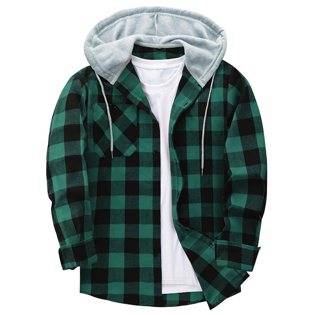 Plaid Pattern Men's Long Sleeve Hooded Shirt Jacket With Chest Pocket, Men's Casual Fall And Winter Coat