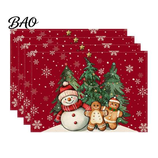 Christmas Table Mat 4Pcs Linen Placemat Set, Cartoon Snowman Gingerbread Gnome Durable Mats Mat, Heat Resistant Place for Holiday Party Placemats