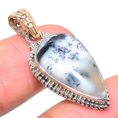 Natural Dendrite Opal Gemstone 925 Sterling Silver Two Tone Pendant 1.42" G8s40