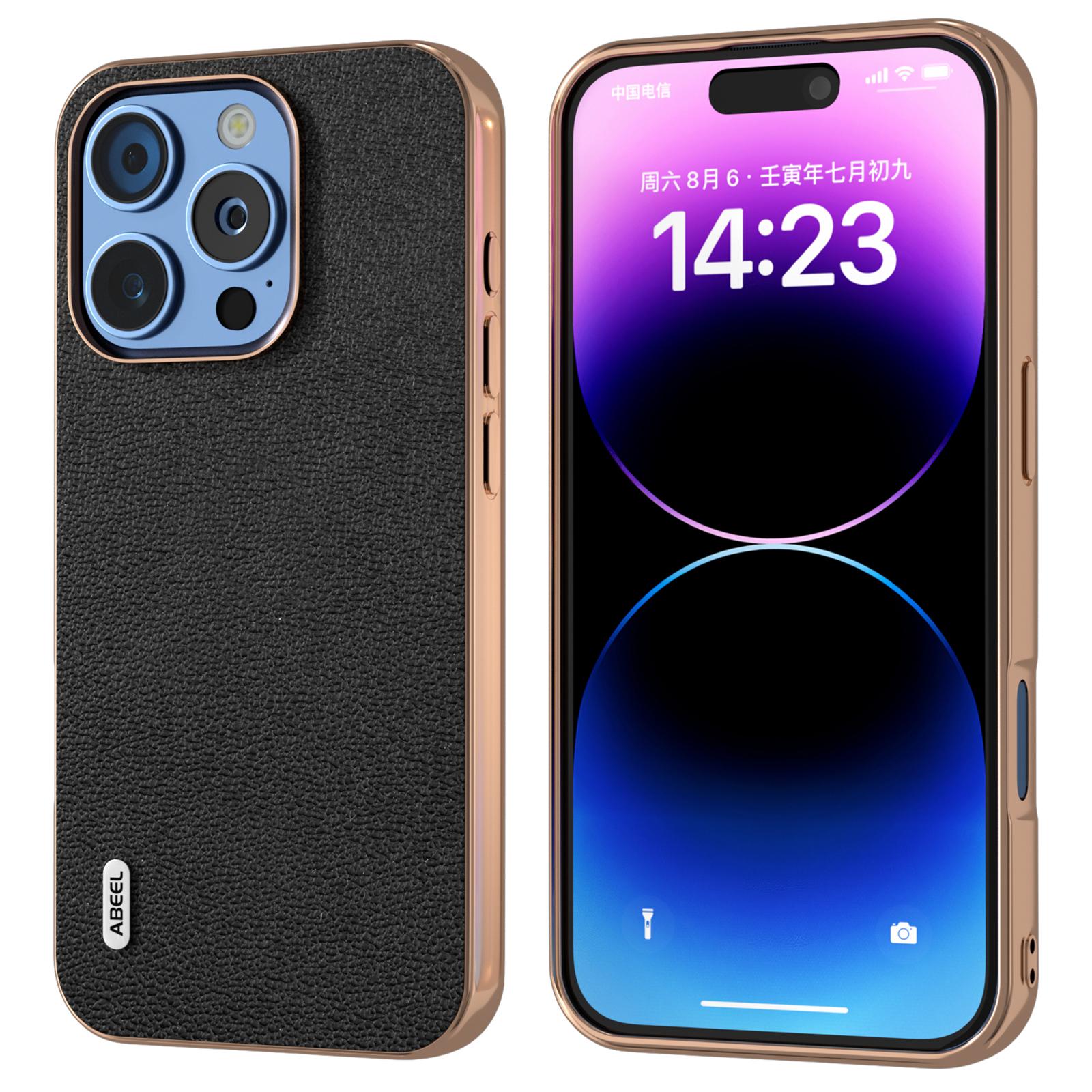 ABEEL For iPhone 16 Pro Case Electroplating Edge Genuine Cow Leather Coated PC+TPU Phone Cover A