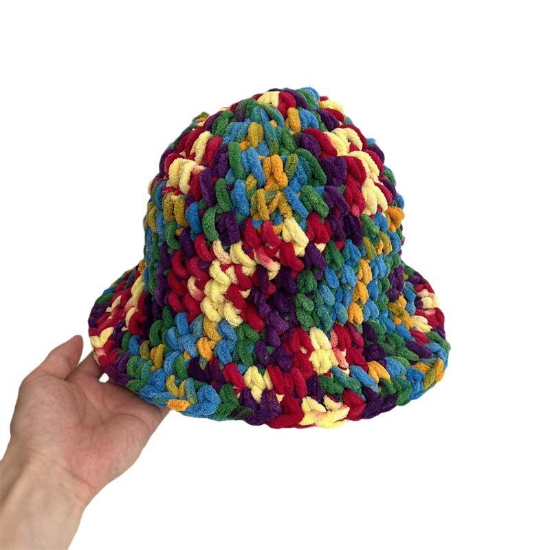 Mixed Color Rough Knitted Hat Women's Autumn and Winter Warm Niche Color Matching Bucket Hat