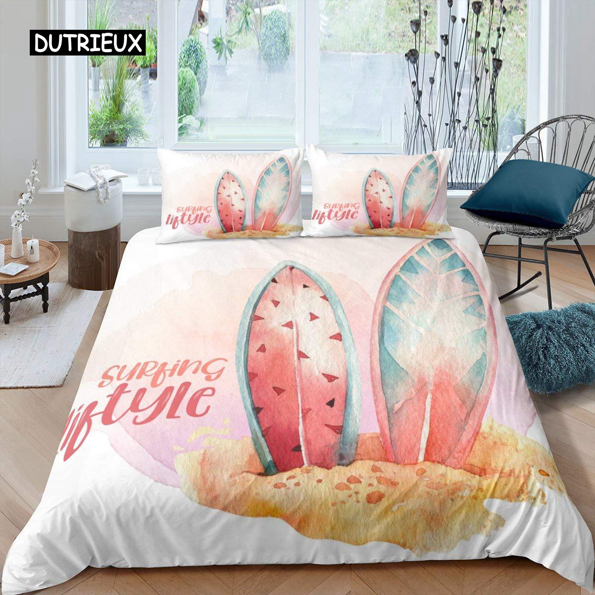 

Surfboard Duvet Cover Set Surfing Theme Comforter Cover Extreme Sports Games Blue Oceean Cartoon Style Bedding Set with Zipper US Full(200x230cm)