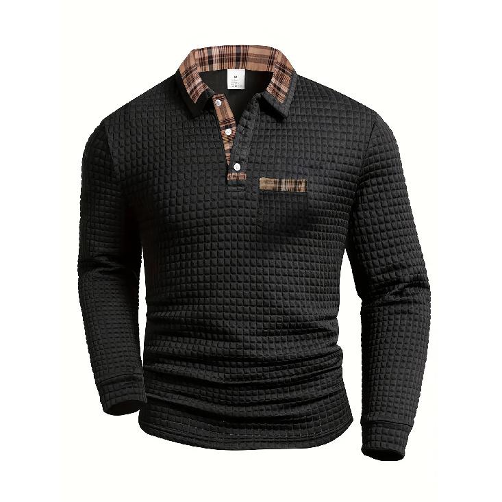 

Spring and Autumn New Men s Casual Solid Color Plaid Patchwork Pocket Turn-down Collar Long Sleeve Sports Polo Shirt for Men S чёрный