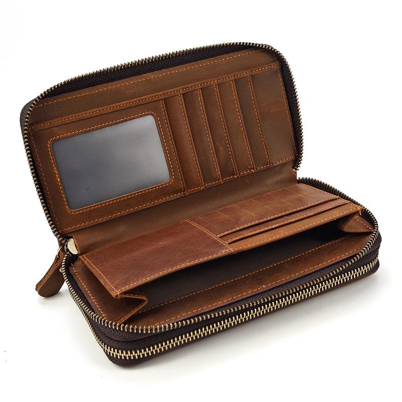 Men'S Genuine Leather Long Money Bag, Double-Layer Zipper Wallet, First-Layer Cowhide Clutch Bag, Oversized Change Bag 1.