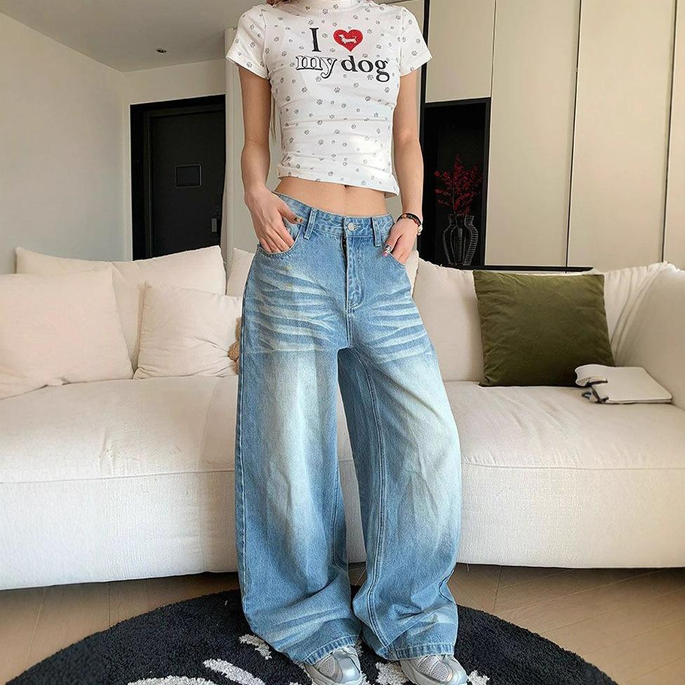 Design Crease Washed Jeans Women Spring and Summer Loose Wide Leg Trousers Do Old High Waist Straight Trousers Jeans for Women Long Denim Pants
