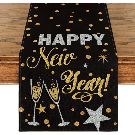 Artoid Mode Cheers Black and Gold 2025 Happy New Year Table Runner, Xmas Winter Holiday Kitchen Dining Table Decoration for Indoor Outdoor Home Party