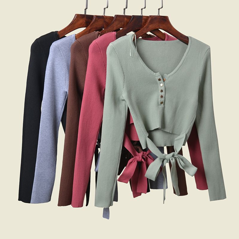 Fashion Sexy V-neck Lace up Knitting Bottoming Shirt Women's Stylish Metal Buckle High Waist Bare Midriff Slim Fit Stretch Tops