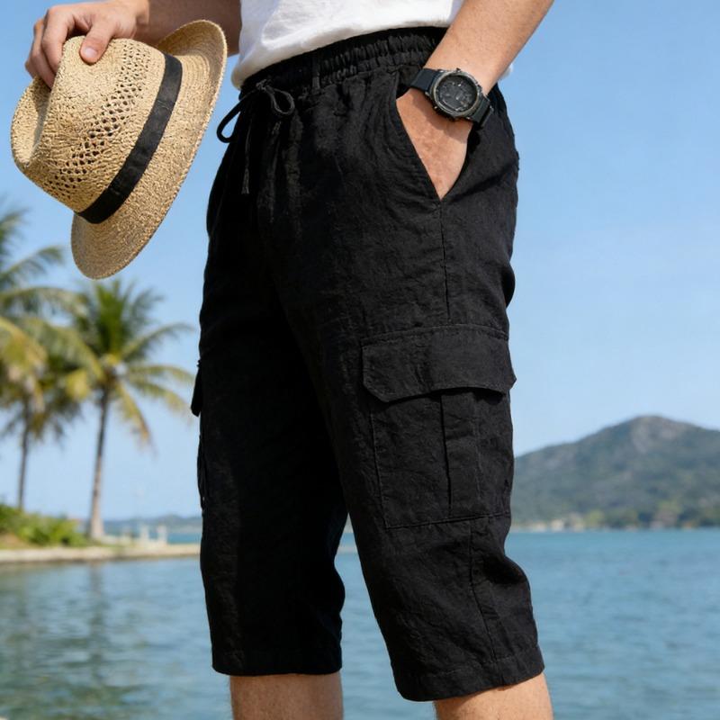 Pantaloni Cargo Capri da Uomo in Misto Lino Bianco con Elastico in Vita