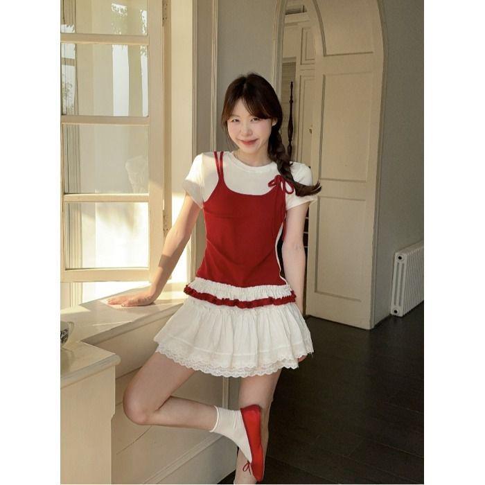 Morning Bloom Patchwork Ruffle Hem Short-Sleeve T-Shirt for Women