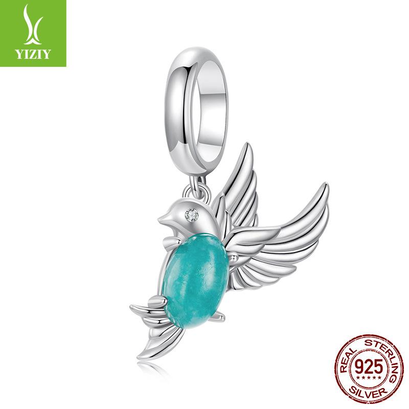 925 Silver Beads Creative Blue-Green Bird Butterfly Insect Spring Series Diy Beaded Bracelet Accessories
