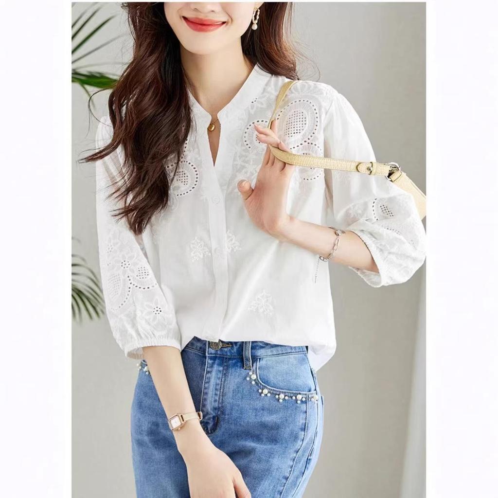 Embroidered White 3/4 Sleeve Hollow Summer Top - Slim Fashion Design, Loose Fit