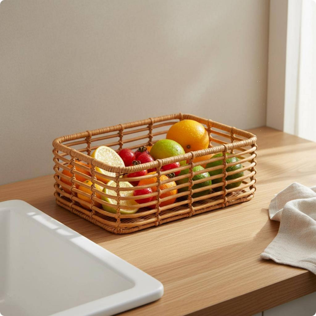 Desktop Fruit Basket Waterproof Woven Storage Basket Organizer Natural Look for Kitchen