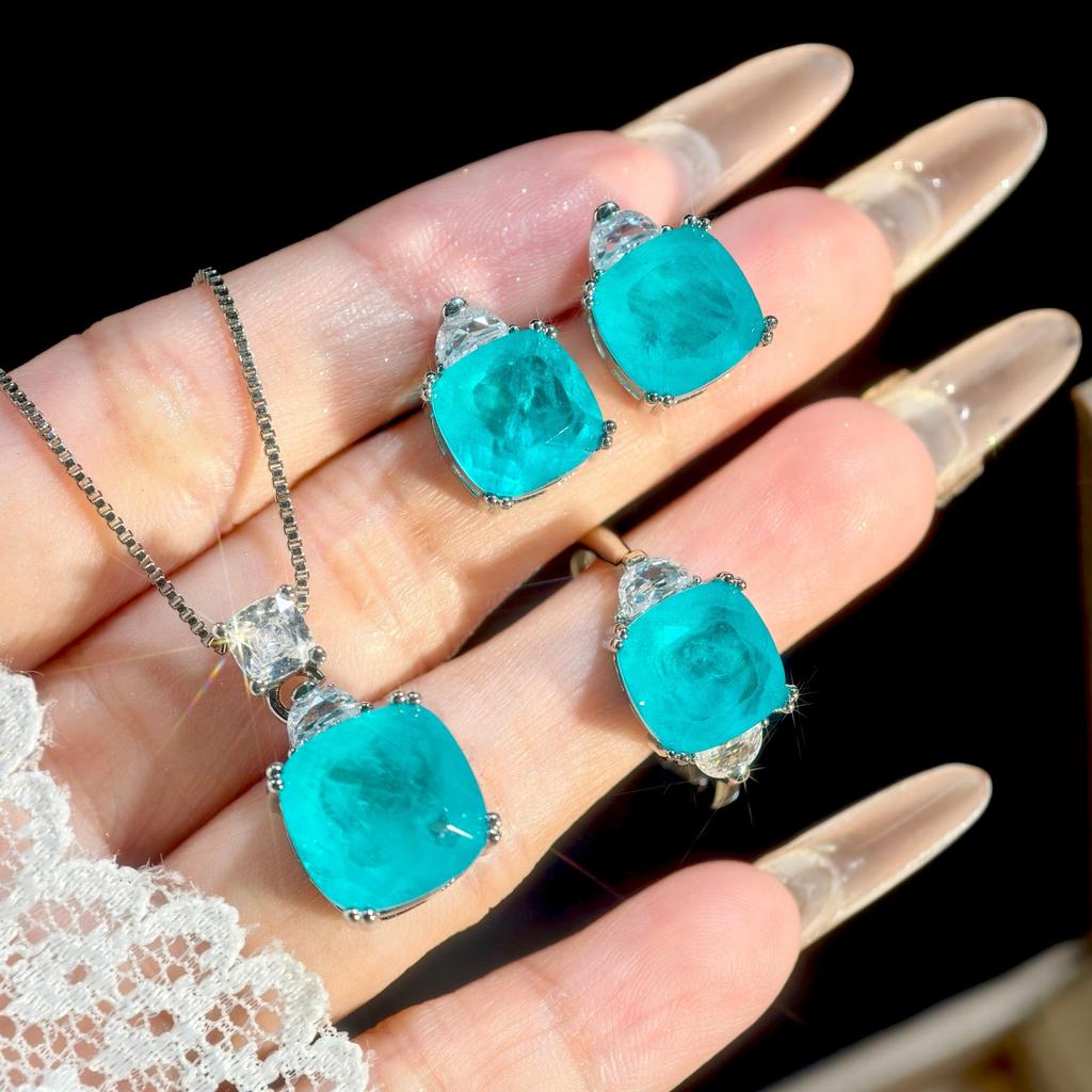 Princess Square Pillow Paraiba Neon Blue Premium Temperament Open Ring Women's Pendant Stud Earrings Set 2026