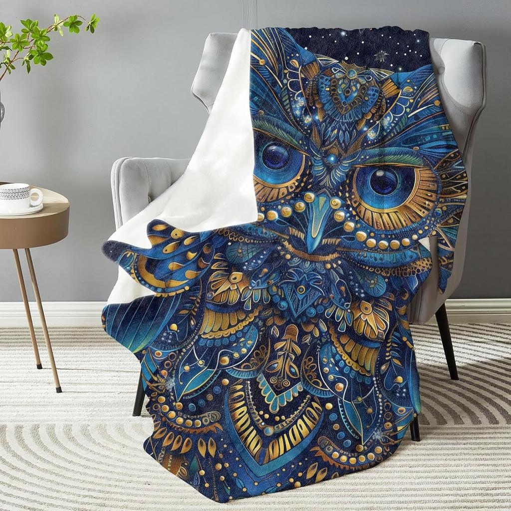 Owl blanket cosmic design blue gold pattern mystical art soft throw boho decor bedroom textile spiritual home accessory