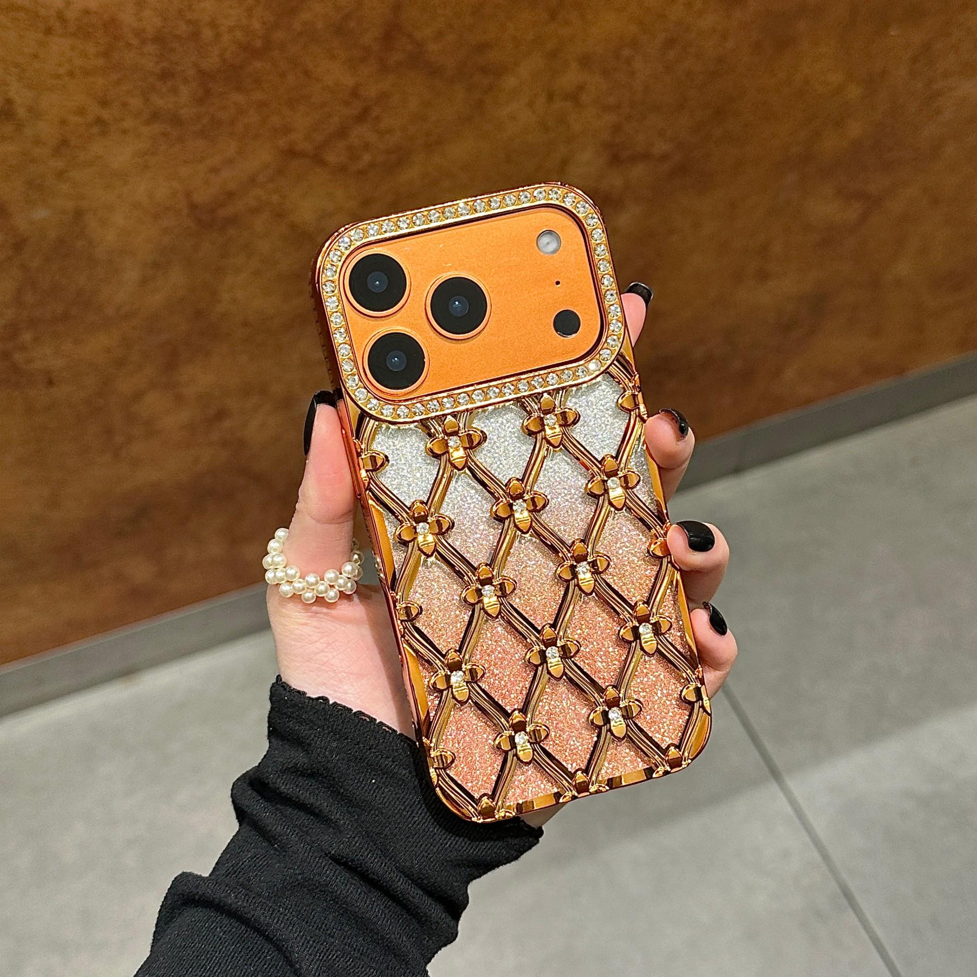 Apple 17 Electroplated Rhombus Rhinestone Glitter iPhone 16promax Protective Case iPhone 16 Pro оранжевый