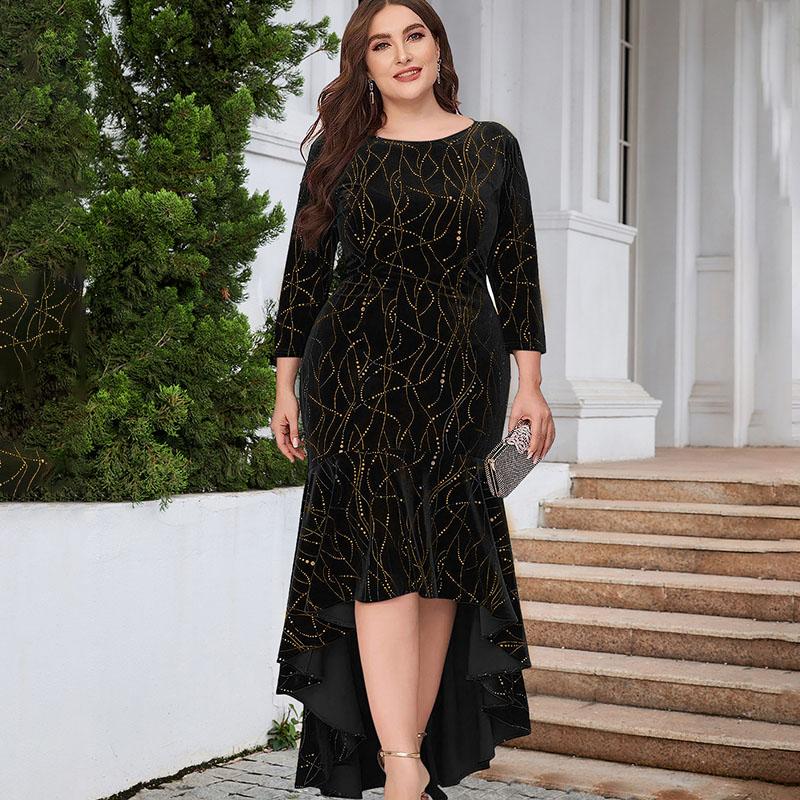 Autumn Women's Plus-size Velvet Dress Three-quarter Sleeve Long Velvet Mermaid Dress