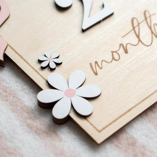 Baby Monthly Milestone Ornaments, Wooden Growth Markers with 3D Bow And Flower Decoration, Baby Monthly Milestone Cards for Baby Photos Keepsake