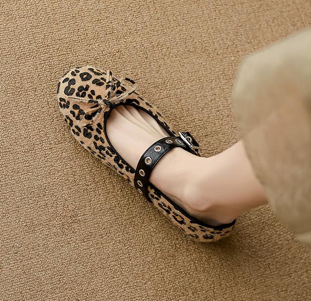 Fashion 2025 Spring Horse Hair Ballerinas Woman Leopard Bowtie Flats Shoes Leather Buckle Strap Mary Janes Ladies Ballets Furry Loafers
