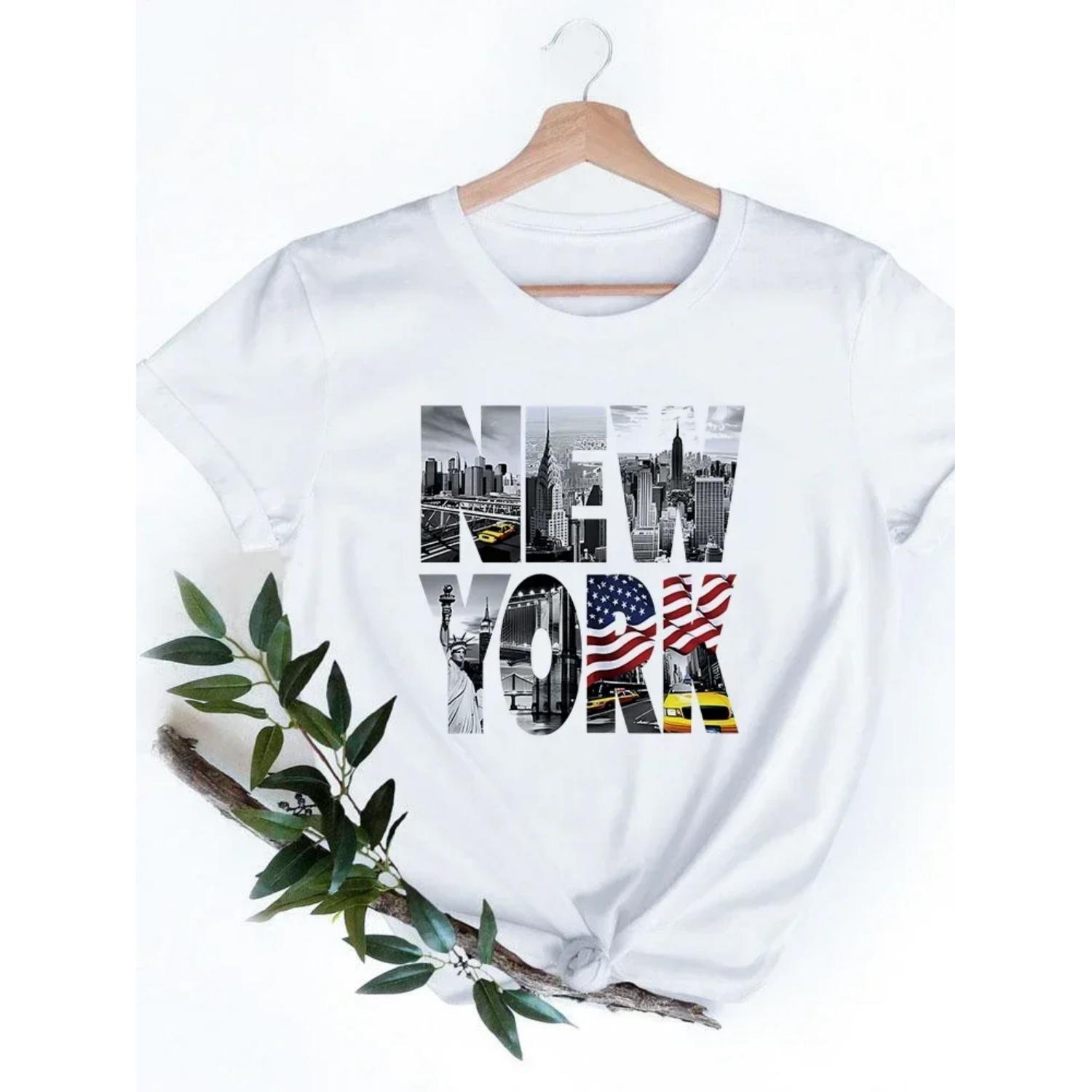 

2024 Fashion Anime T Shirt Women New York City Graphic T Shirt Harajuku Kawaii Woman T Shirts Short Sleeve Femme Tops Tees XXXXXL білий