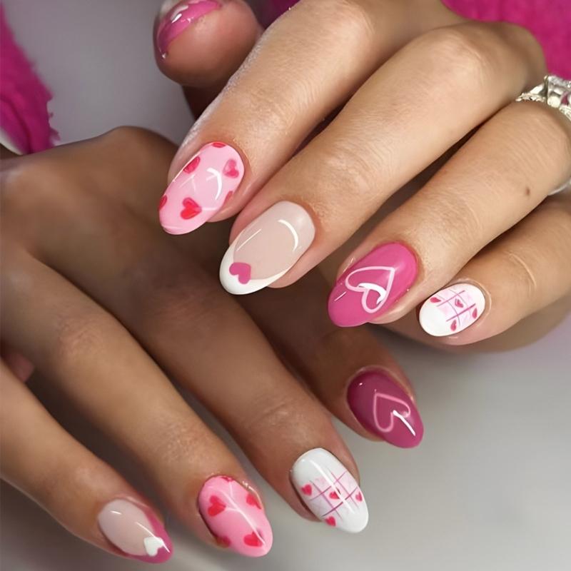 

24 шт. Розовое сердце Полное покрытие Накладные ногти Французский False Nail Глянцевый Искусственный ноготь День Святого Валентина Press On Nail 1