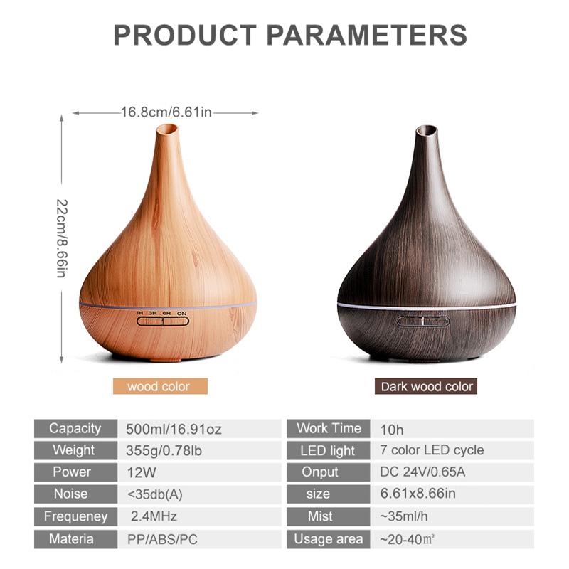 Wood Grain Color Air Humidifier, Aroma Diffuser Essential Oil Machine with Colorful Night Light, Remote Control, Timing Function