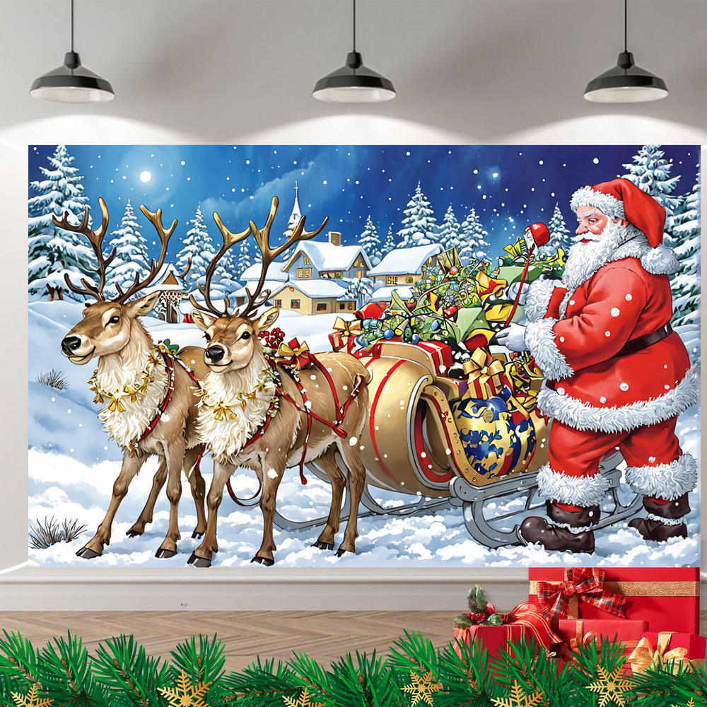 Christmas Banner Santa Sleigh Deer Large Merry Christmas Banner Backdrop Hanging Banner for Indoor Outdoor Party Decorat